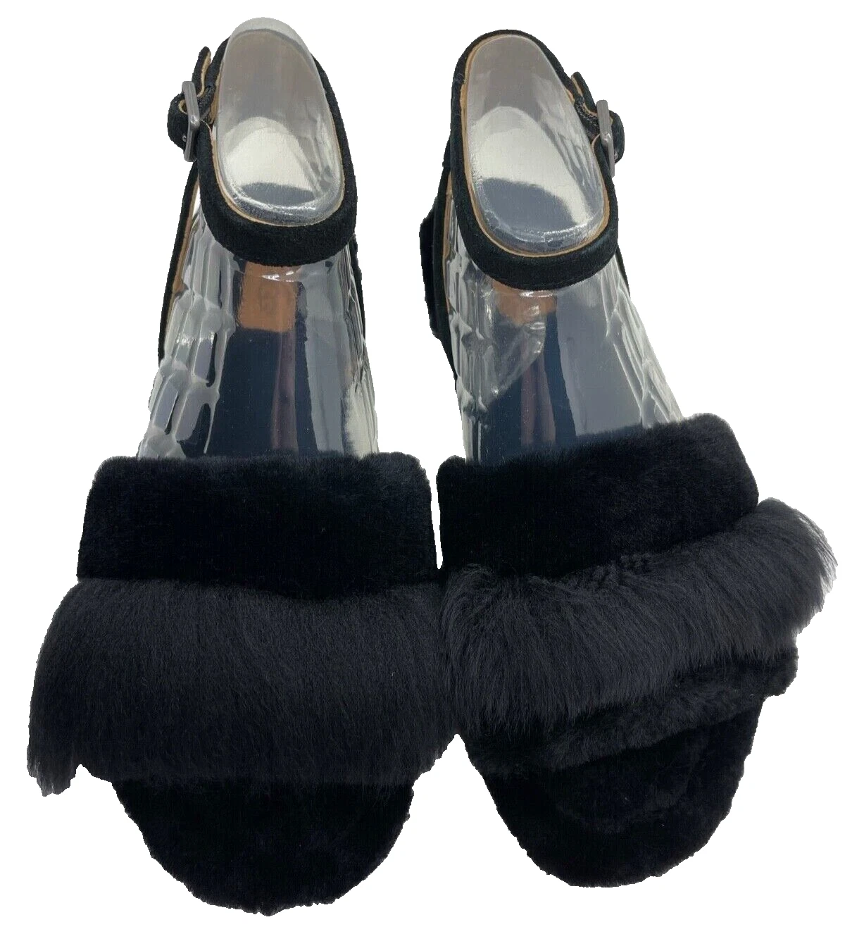 Ugg Australia W Fluff Fest Pelliccia Cinturino alla Caviglia Sandali Piatti Nero Donna 7 US