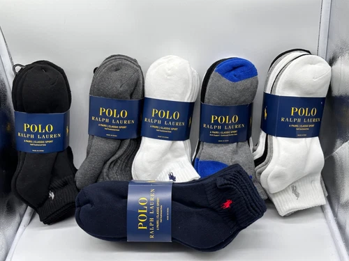 NEW 6 PAIRS MENS POLO RALPH LAUREN ANKLE CUT SOCKS CLASSIC SPORT 10-13 BLK/ WH