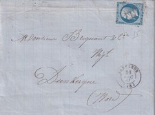 🦬Lettre avec N°22 - 20 c Bleu Empire - PC 3816 St-Pierre-lès-Calais/Dunkerque🦬