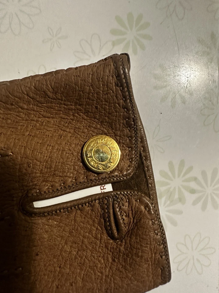 Guantes de cuero marrón vintage Hermès Paris dorado a presión para mujer pequeños medianos Francia Foto 4 de 4
