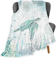 Sea Turtle Throw Blankets,Blue Teal Ocean Beach Nautical Coastal Fish Beachy Fla
