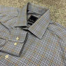 David Donahue Dress Shirt Mens 17 34/35 Blue Plaid Trim Long Sleeve Button Up