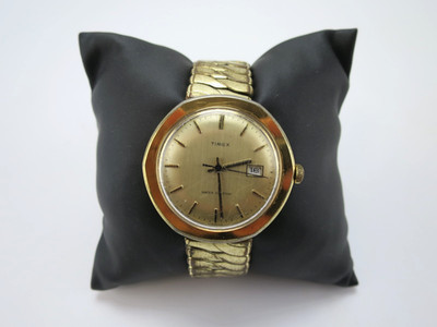 Timex Vintage Herren Armbanduhr Handaufzug Date Stretchband Goldfarben Klassiker