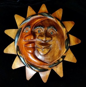 Hand Carved Wooden Celestial Man Sun Moon Wall Hanging Plaque Sculpture 8.24" D.