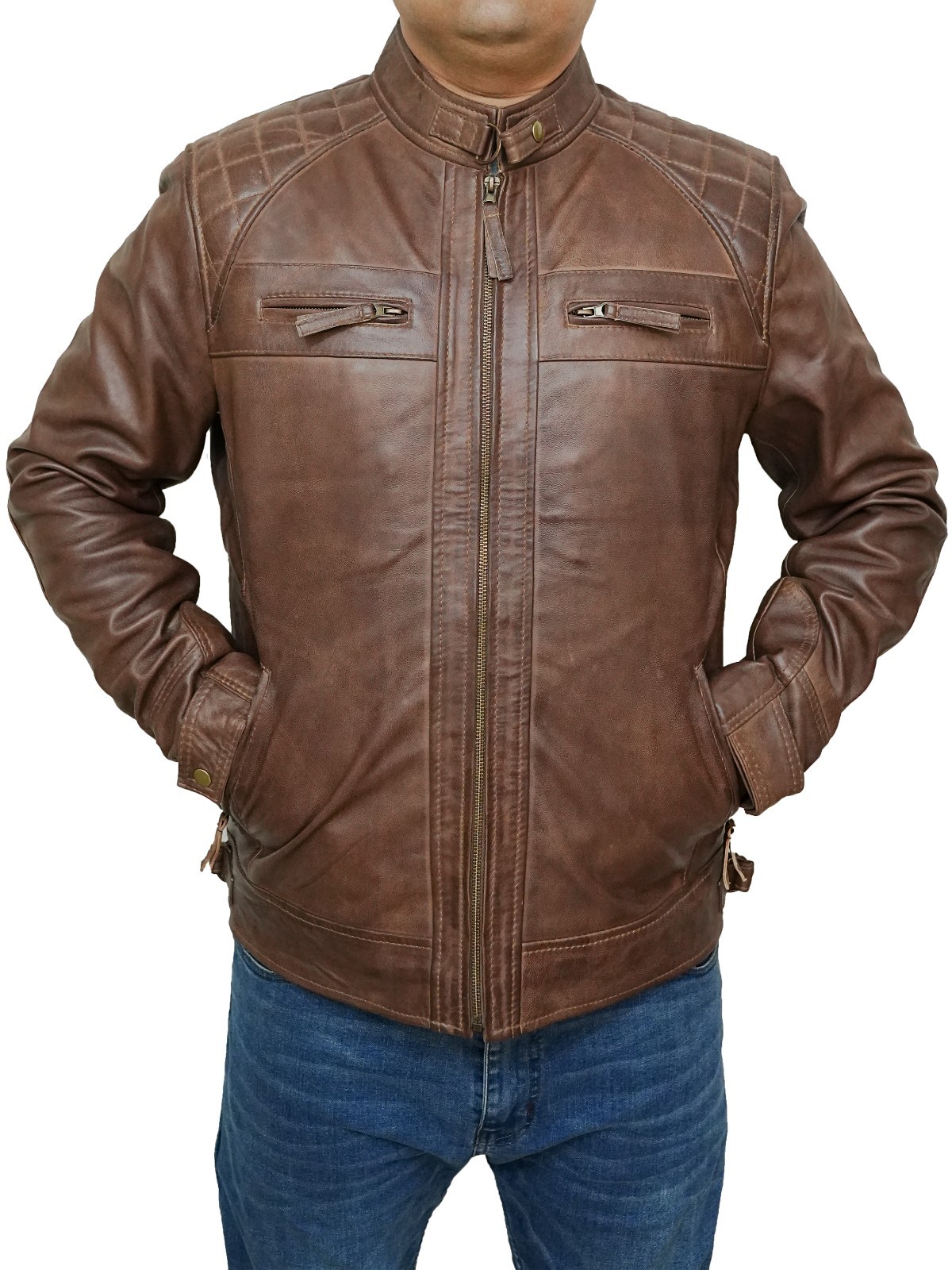 Men's Moto Biker Cafe Racer Quilted Real Lambskin Chocolate Brown Leather Jacket image 10