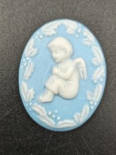 Vintage KD Blue White Jasperware Style Cherub Holly Cameo Plaque 1.75 Inch