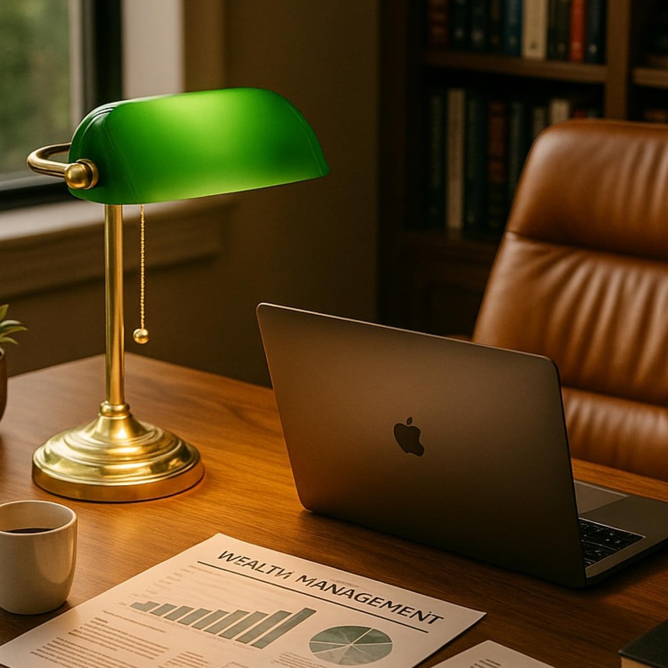 Traditional Banker’s Desk Lamp with Green Glass Shade and Brass Base ...