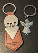 Religious Keychain Lot, Pewter Angel And Leather Wrapped God Answers Prayers