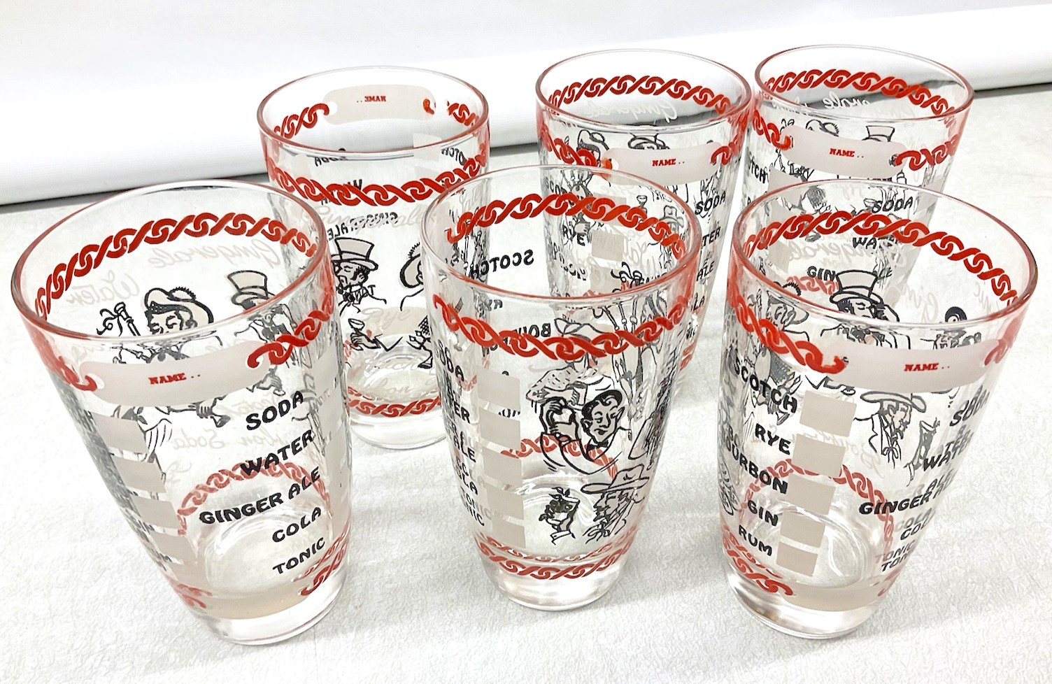 6 Vintage Cocktail Bar Back Drink Liquor Illustrated Novelty Glasses Drinking