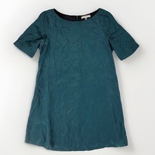 Lavender Brown Shift Dress Womens Medium Teal 100% Silk Short Sleeve Jewel Neck