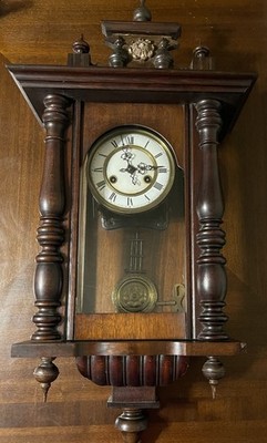 Antique German Wall Clock Dark Wood Carved Regular & Key (Untested) 31'' Tall