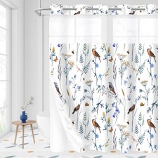 No Hook Blue Cute Floral Shower Curtain and Liner Set, Modern Fabric Shower C...