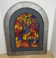 Antique Stained Glass Window Glass Beaded Needlepoint Embroidery Wood Frame
