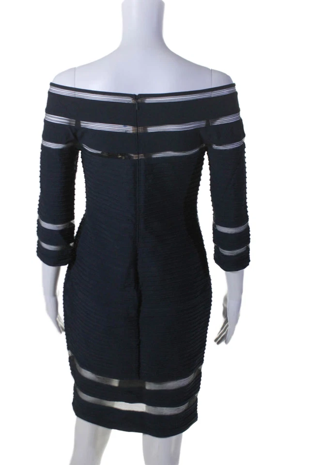 Vestido listrado Tadashi Shoji feminino zíper nas costas manga 3/4 malha aberta azul marinho tamanho PM - Imagem 3 de 4