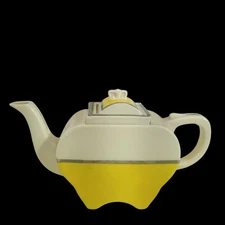 Antique Fraunfelter Ceramic MCM Ceramic Tea Pot Yellow White Silver 1930's
