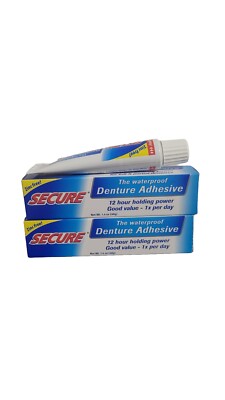  Secure Denture Adhesive Waterproof 1.4 oz Extra Strong Hold Zinc Free Pack of 2