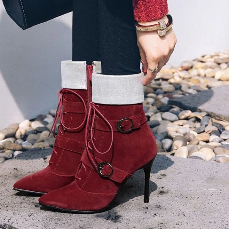 Burgundy Vintage Boots Pointed Toe Suede Buckle Stiletto Ankle Boots Shoes Women