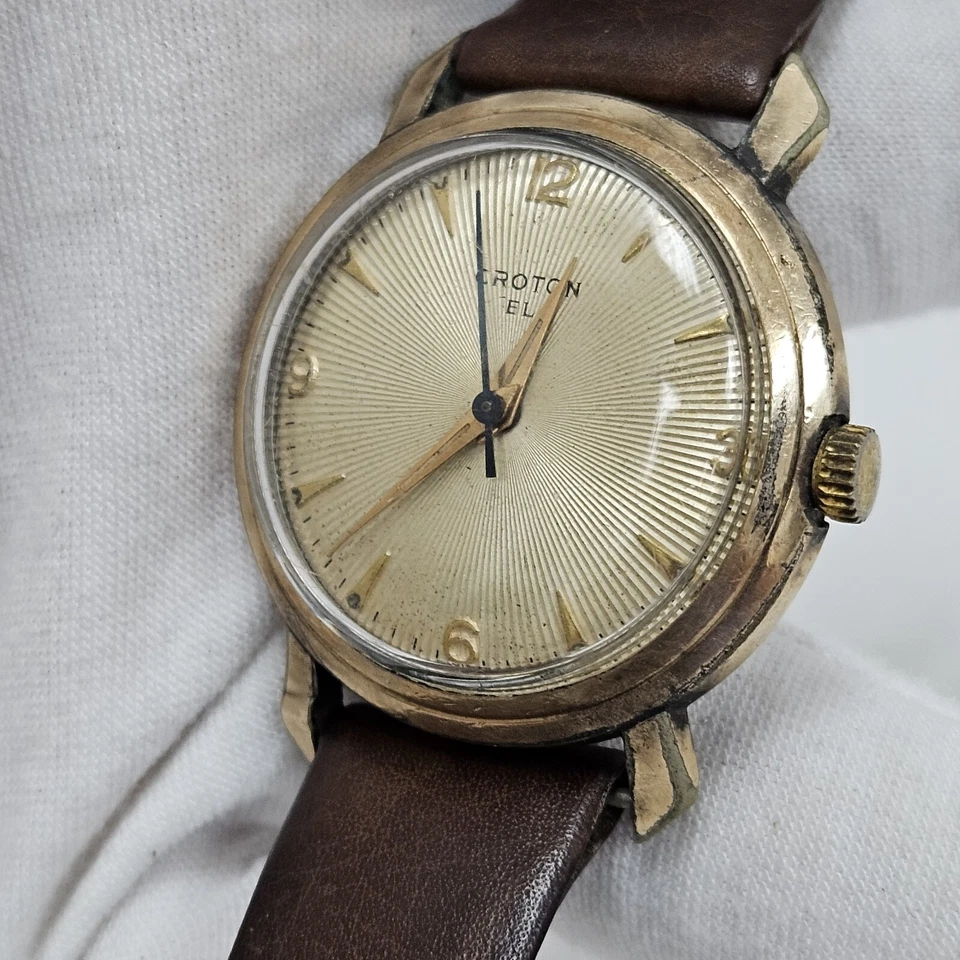 Reloj Pulsera Croton EL De Colección Para Hombre Relleno de Oro Raro Funciona 34mm Esfera Starburst Foto 4 de 4