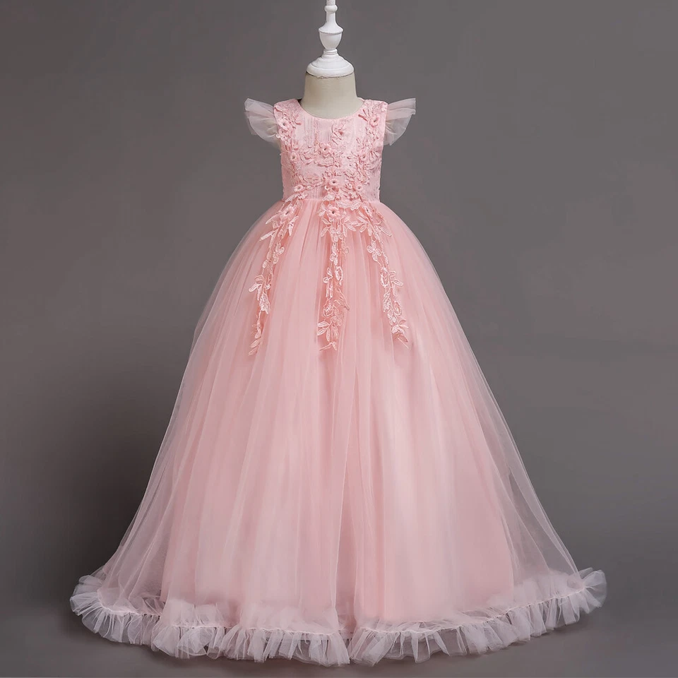 Enfant Fille Brodé Dentelle Maille Tutu Robe Bal Mariage Demoiselle d'honneur - Photo 4/4
