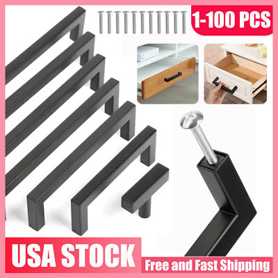 Matte Black Square Modern Cabinet Handles Pulls Kitchen Drawer Stainless Steel