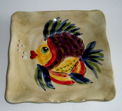 Tabletops Under The Sea Fish Square Dinner Plate 8 1/2'' Handpainted EUC