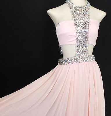 bebe Dress Maxi Bandeau Floating Jeweled light Peach Chiffon Skirt Size 0 |  eBay