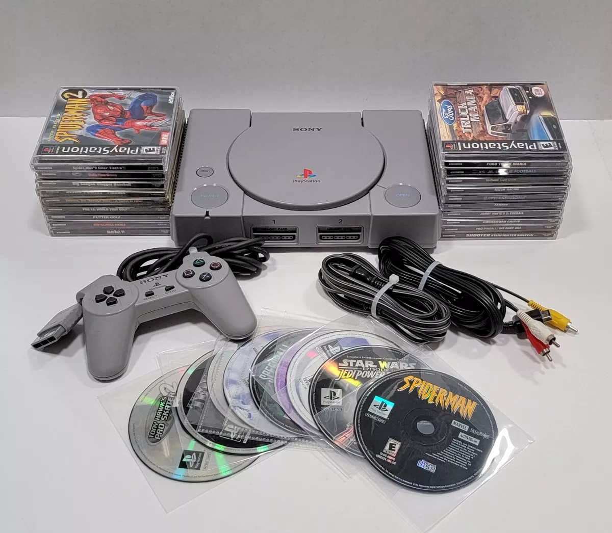 PlayStation 1 PS1 Console BUNDLE Lot, 28 Games, Spider-Man, Star Wars,  TESTED