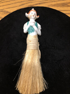 Vintage Porcelain Half Doll Wisk Straw duster Dutch Style Marked Japan