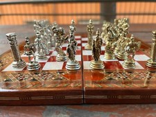 Gold Silver Metal Chess Pieces w Pearl Chessb...