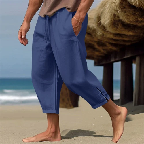 Men's Summer Cotton Linen Drawstring 3/4 Length Pants Casual Baggy Capri Shorts - Bild 17 von 39