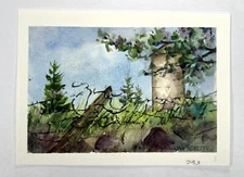 Lone Silo Behind Fence Impressionist Watercolor Painting Jan Boelte 5x7” Art