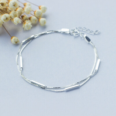 Mode Damen ECHT S925 Sterlingsilber zwei Schichten Stab Box Kette Armband