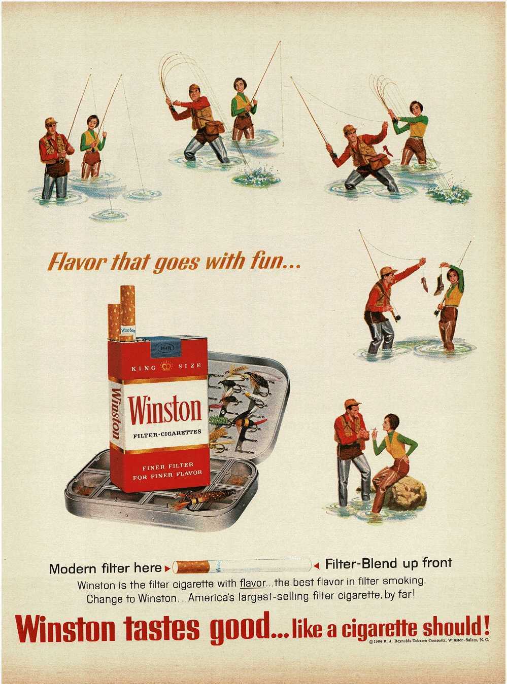 1964 WINSTON Cigarettes man woman fly fishing art Vintage Print Ad