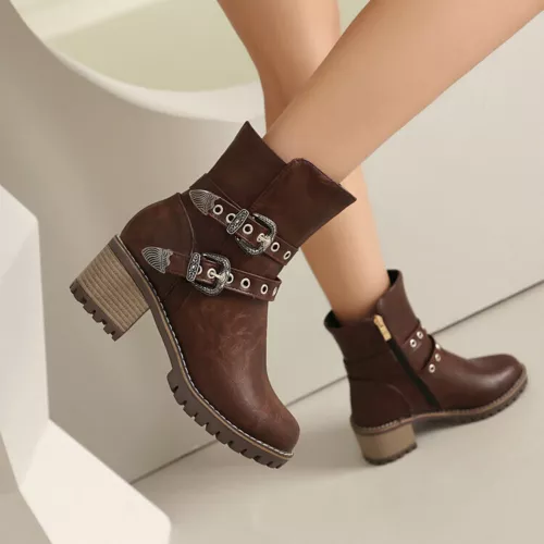 Women Booties Mid Chunky Heel Round Toe Zip Up Casual Buckle Fashion Ankle Boots - Bild 5 von 29