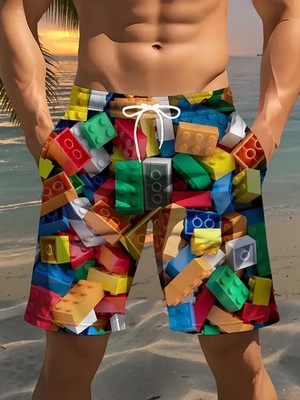 Brick Pattern Printed Hawaiian Shorts Mens