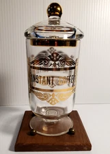 Instant Coffee Jar Glass Canister Container Jar with Lid and Wood Stand Gold MCM