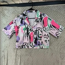 Shein Womens 4 Shirt Colorful Button Up Short Sleeve Graffiti Art Collared