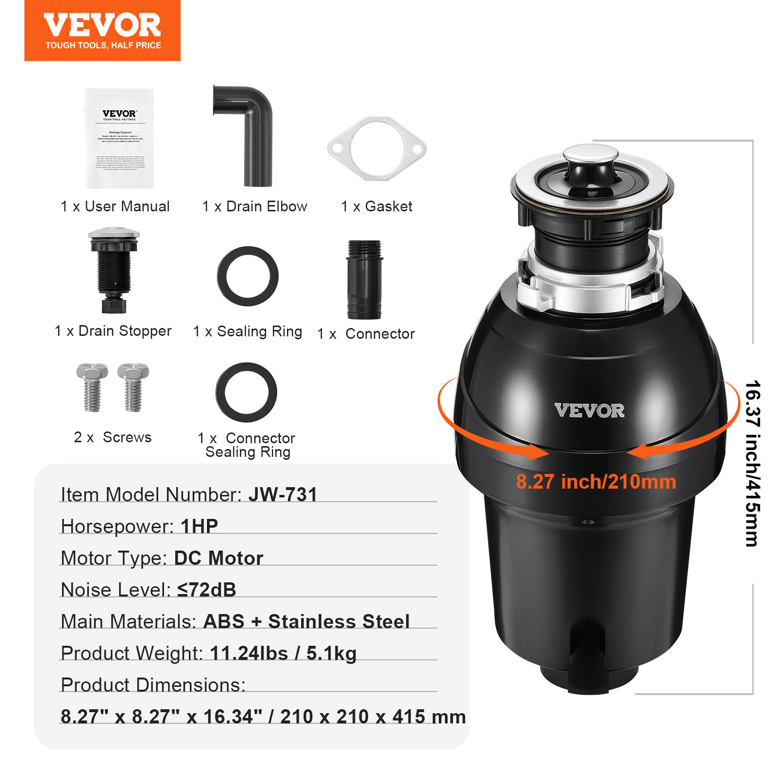 VEVOR Garbage Disposal 1 HP Continuous Food Waste Disposer 3270 RPM EZ  Corded