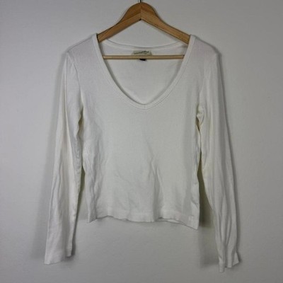 Universal Thread Womens Large White Ribbed Long Sleeve V-Neck Shirt