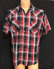 Ely Cattleman Shirt Mens LARGE Red Black Plaid Western Snap Short Sleeve