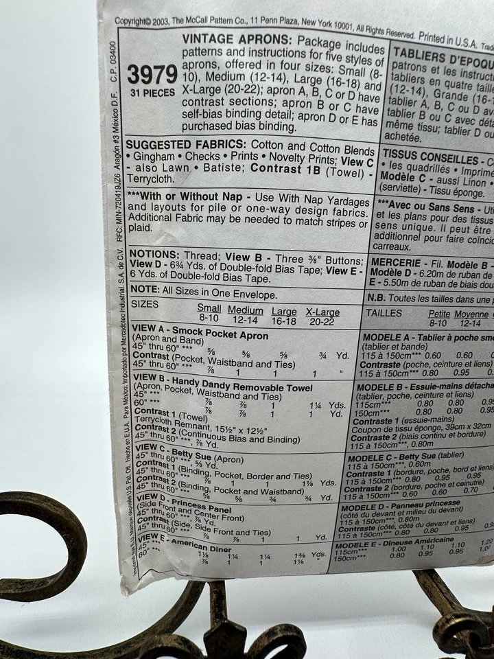 Vintage Apron Pattern McCall's 3979 Diner Sm-XL Uncut 2003 Five Styles - Image 3 of 3