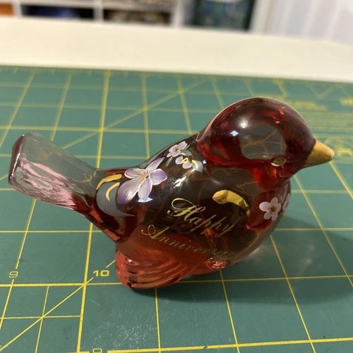 Fenton Art Glass Pink Rose Hand Painted Bird Happy Anniversary Signed