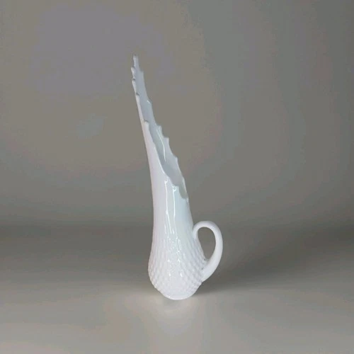Vintage White Milk Glass Swung Vase Hobnail Stretch Pitcher  W/ Handle 18.5 Inch