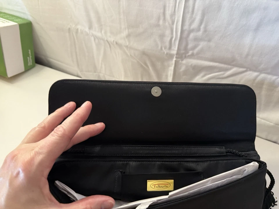 Bolso de noche Talbots satinado negro encaje soutache ribete flores nuevo Foto 3 de 4