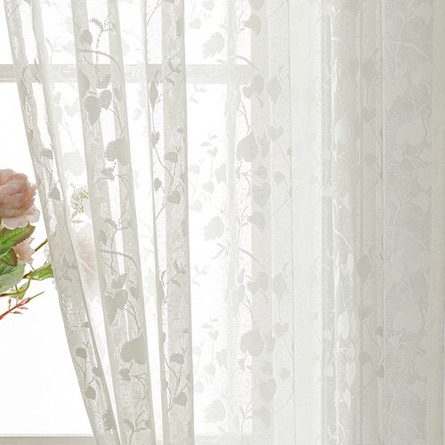 H.ebony Beige Tree Leaves Lace Voile Sheer Curtains for Living Room - Knitted... - 第 4/10 張圖片