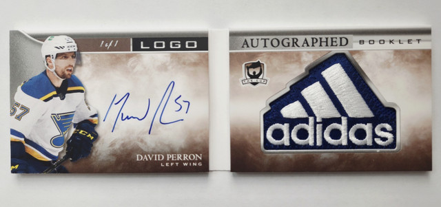 2020 David Perron THE CUP Hockey 1 of 1 Game Worn Logo Patch Auto Booklet #BL-DP