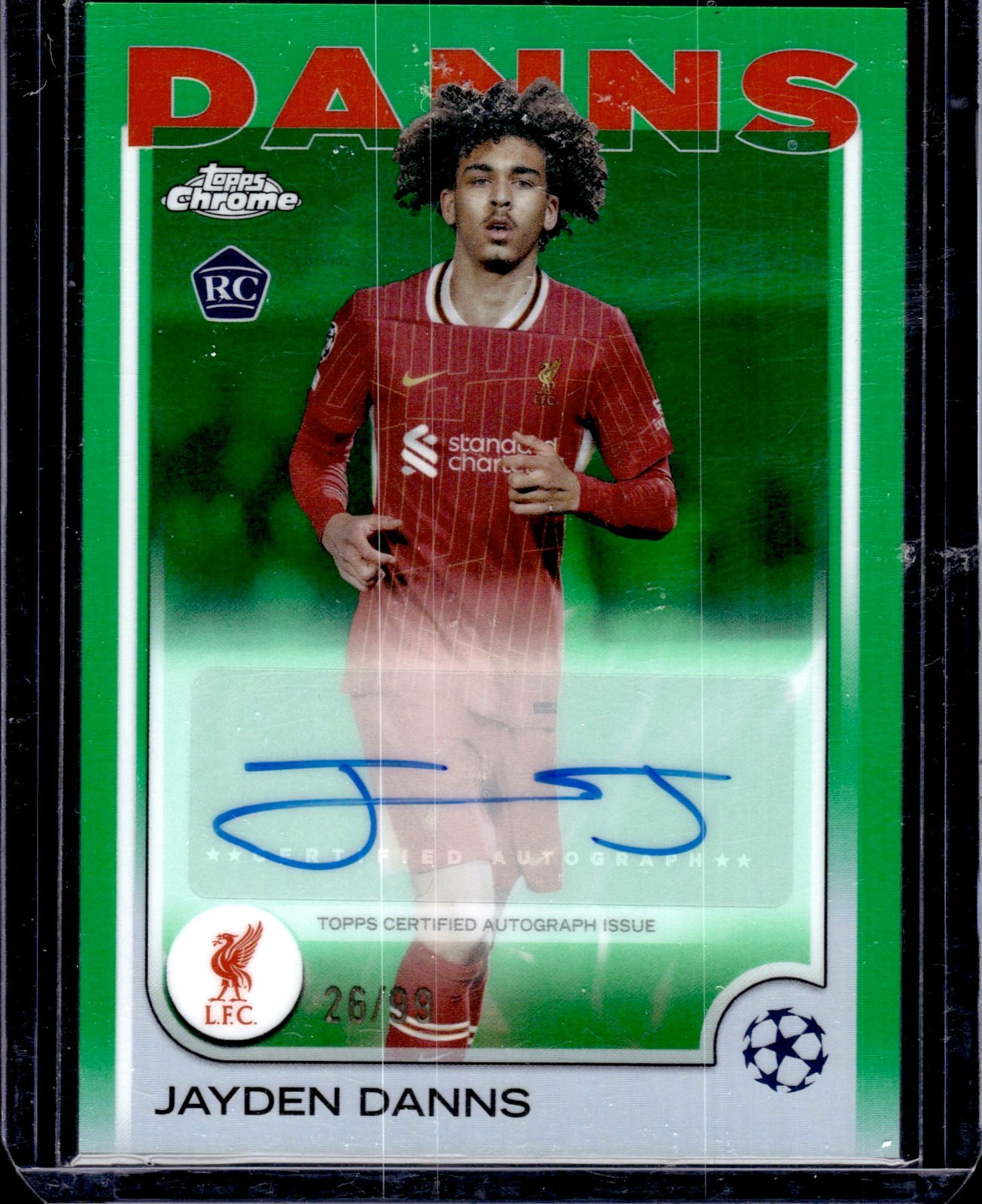 2024-25 Topps Chrome UEFA Jayden Danns /99 Auto RC Green Refractor Liverpool view 1