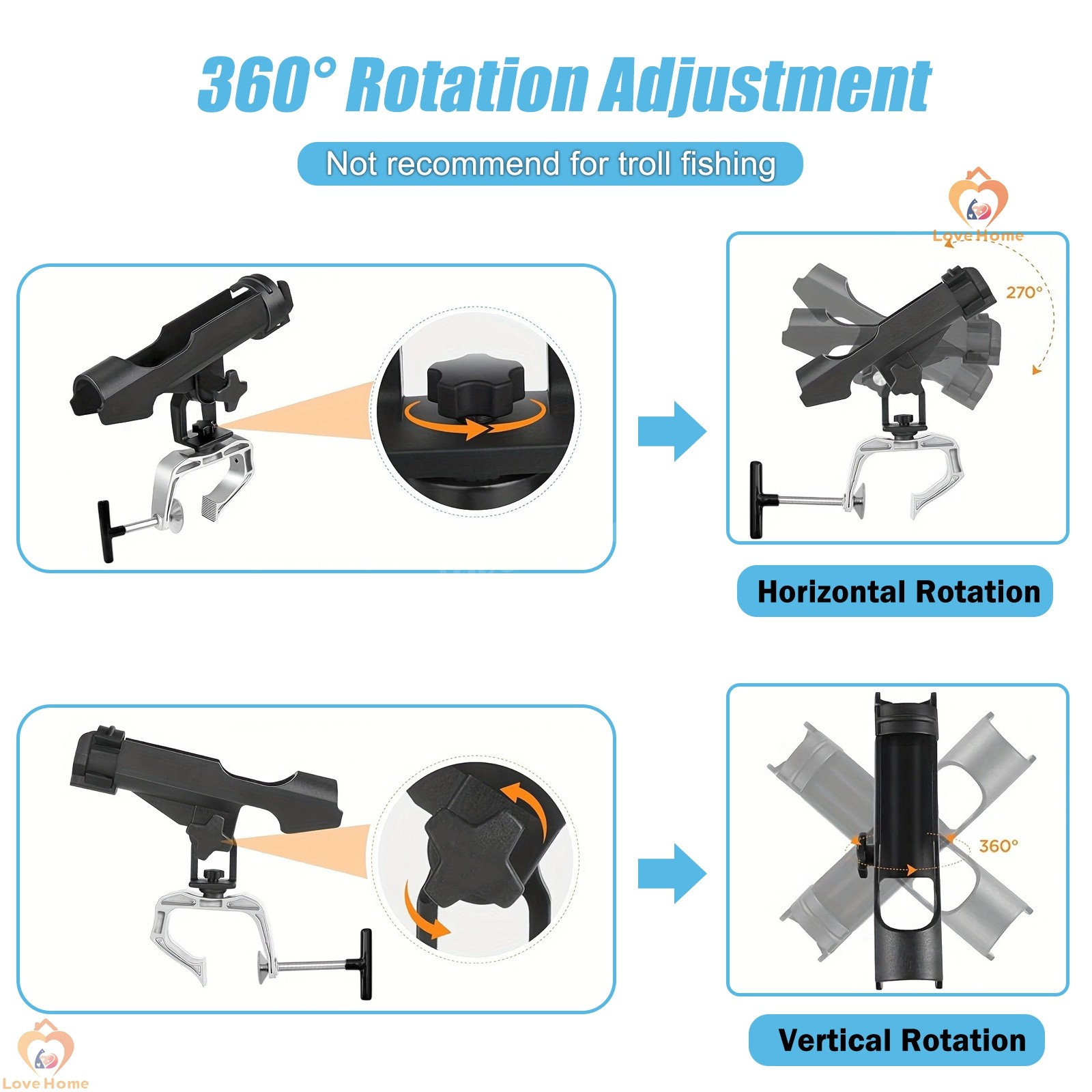 2 Pack Fishing Rod Holder w/ Combo Mount 360° Adjustable for Kayak Canoe Boat