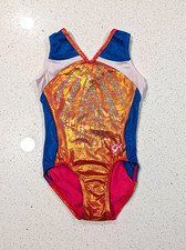 COMPETITION GK Elite Gymnastics Dance Leotard Large blue Orange SEQUIN Mystique