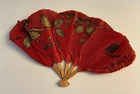 Vintage Antique Red Crepe Paper Fan Gold Leaf Wood Sticks